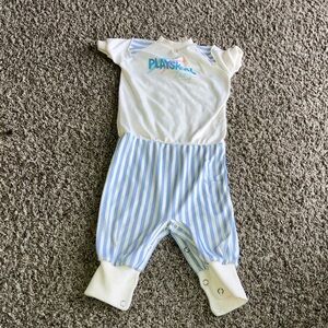Vintage Playskool Blue and White Striped Kids Footie Sz 6-9 mo